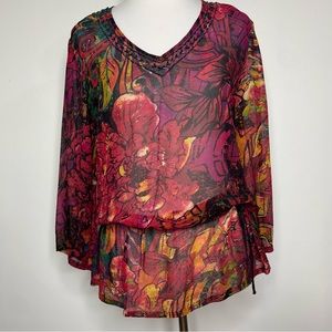 CHICO'S 100% Silk Women's Red Abstract Floral Beaded 3/4 Sleeve Blouse